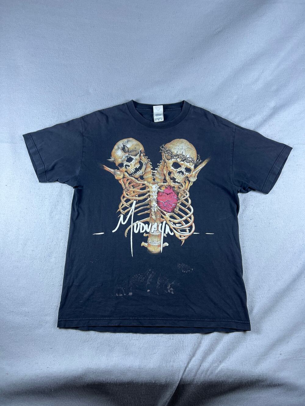 Mudvayne T-Shirt Mens L Black Crew Neck Skeleton Spine Heavy Metal Band Graphics